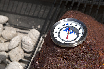 Image showing Thermometer on pork, BBQ grill