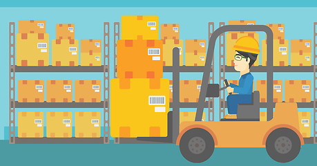 Image showing Warehouse worker moving load by forklift truck.