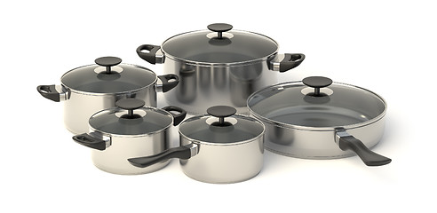 Image showing Stainless steel pots and pans