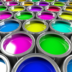 Image showing Multiple open paint cans.
