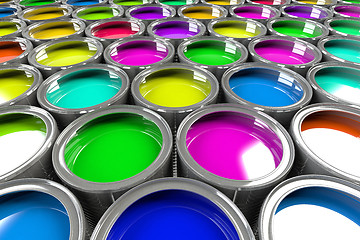 Image showing Multiple open paint cans.