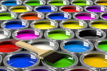 Image showing Multiple open paint cans.