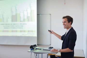 Image showing Student presenting his study work in front of whiteboard.