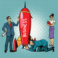 Image showing business startup, businessmen and businesswomen launch a rocket