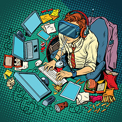 Image showing IT geek working on computers, virtual reality