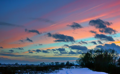 Image showing Winter Landscape With Pink Clouds At Sunset