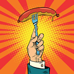 Image showing Sausage on a fork, street food