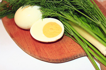Image showing sliced boiled egg, green onions and dill
