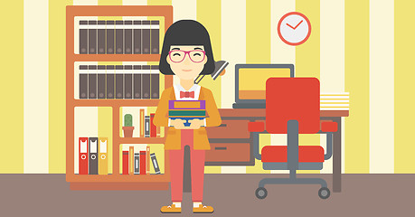 Image showing Woman holding pile of books vector illustration.