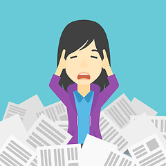 Image showing Stressed business woman having lots of work to do.