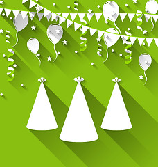 Image showing Holiday background with party hats, balloons, confetti, and hang