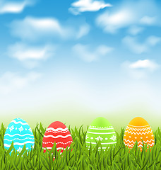 Image showing Easter natural landscape with traditional colorful eggs in grass