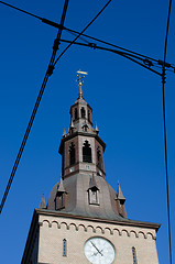 Image showing Oslo Cathedral framed with powerlines for the tram