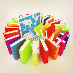 Image showing Colorful books flying and laptop . 3D illustration. Vintage styl