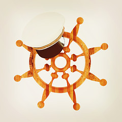Image showing Marine cap on wood marine steering wheel . 3D illustration. Vint