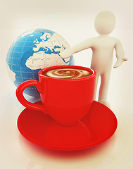 Image showing 3d people - man, person presenting - Mug of coffee with milk. Gl