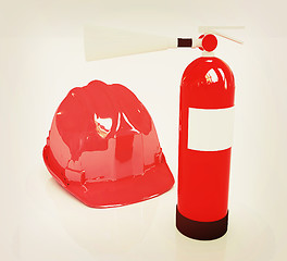 Image showing Red fire extinguisher and hardhat . 3D illustration. Vintage sty