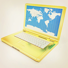 Image showing Gold laptop with world map on screen . 3D illustration. Vintage 