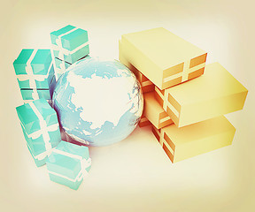 Image showing Cardboard boxes, gifts and earth . 3D illustration. Vintage styl