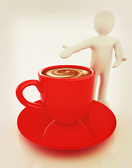 Image showing 3d people - man, person presenting - Mug of coffee with milk. 3D