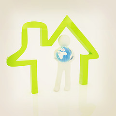 Image showing 3d man, house icon and earth. 3D illustration. Vintage style.