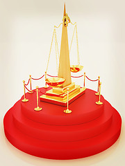 Image showing Gold scales of justice on 3d carpeting podium with gold handrail