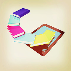 Image showing tablet pc and colorful real books. 3D illustration. Vintage styl