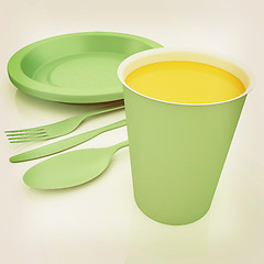 Image showing Fast-food disposable tableware. 3D illustration. Vintage style.