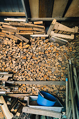 Image showing Stack of dry firewoods indoor