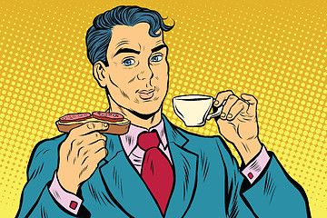 Image showing Retro businessman eating Breakfast, coffee and sausage sandwich