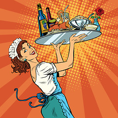 Image showing Beautiful young woman waitress in a restaurant
