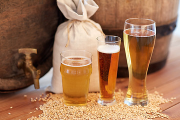 Image showing close up of beer barrel, glasses and bag with malt