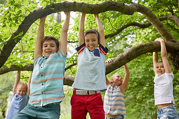 Image showing happy kids hanging on tree in summer park