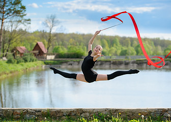 Image showing Young Gymnast Shows Split Jump