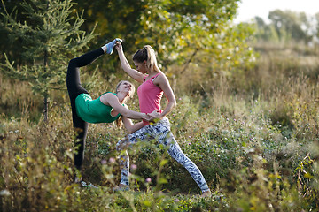 Image showing Two beautiful gymnasts or dancers working out