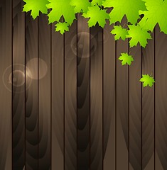 Image showing Green summer leaves on wooden background