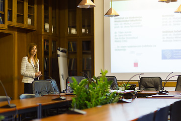 Image showing Student presenting his study work in front of whiteboard.