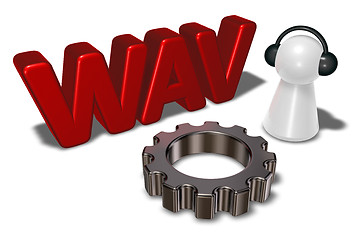 Image showing wav tag, gear wheel and pawn with headphones - 3d rendering