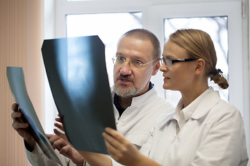 Image showing Professor and young doctor comparing x-rays