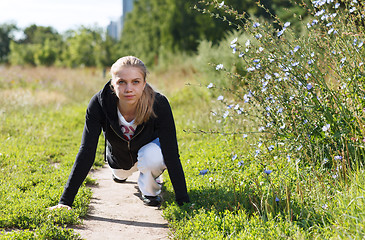 Image showing Young woman doing push ups in the park