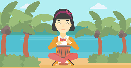 Image showing Woman playing ethnic drum vector illustration.