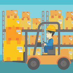 Image showing Warehouse worker moving load by forklift truck.