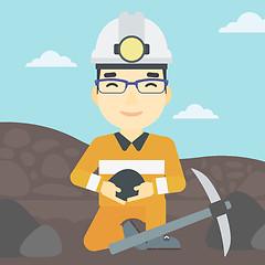 Image showing Miner holding coal in hands vector illustration.