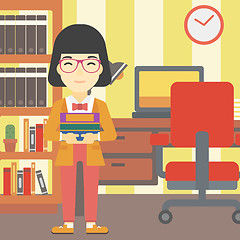 Image showing Woman holding pile of books vector illustration.