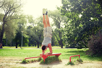 Image showing young man exercising on bench at summer park