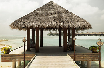 Image showing patio or terrace with canopy on beach sea shore