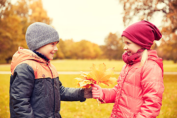 Image showing little boy giving autumn maple leaves to girl