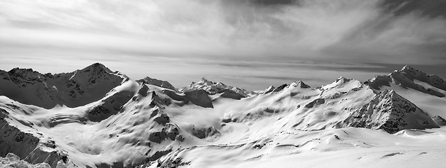 Image showing Black and white panorama Caucasus Mountains in snow winter