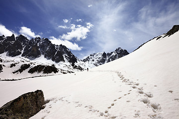 Image showing Snow mountain in sun spring day