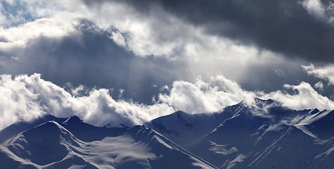 Image showing Panoramic view on evening mountains in clouds